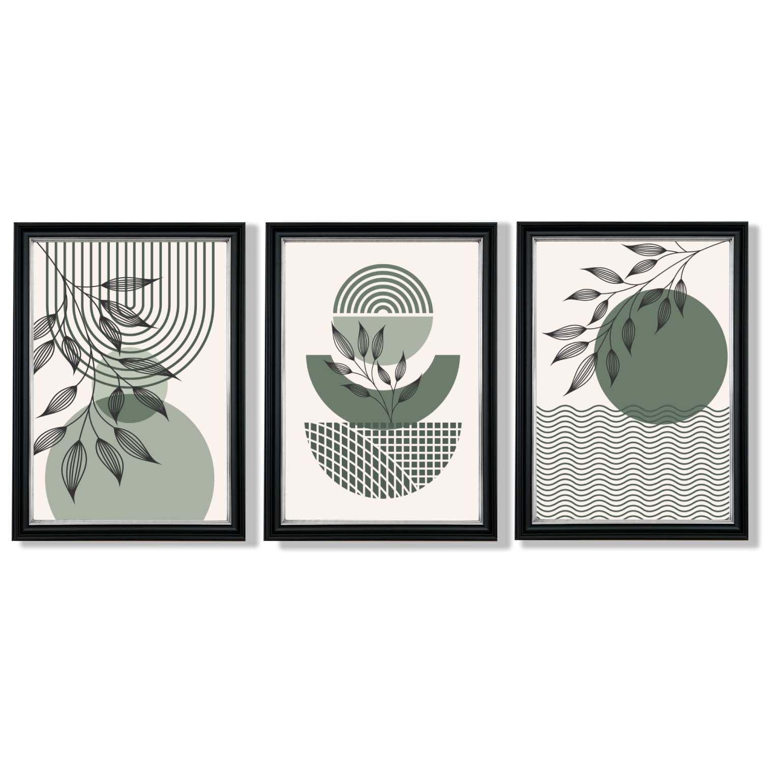 Set of 3 Geometric Green and Beige Botanical Framed Art Prints with Vermeer Black and Silver Frames