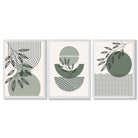 Set of 3 Geometric Green and Beige Botanical Framed Art Prints with White Wooden Frames