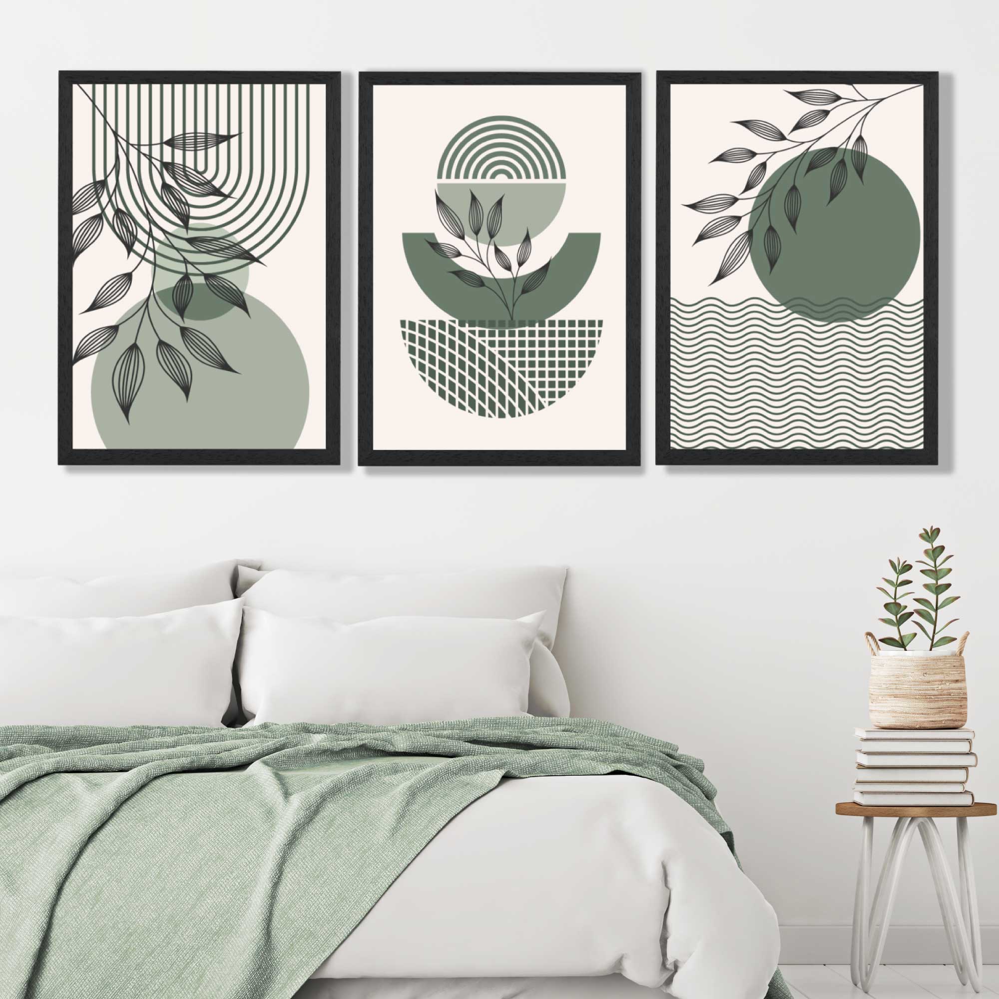 Set of 3 Geometric Green and Beige Botanical Art Prints in Black Frames | Artze UK