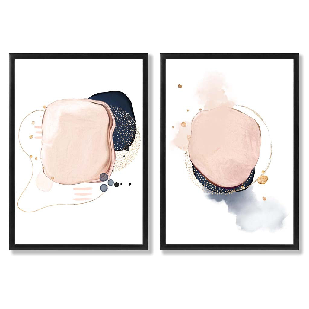Pink and Blue Abstract Shapes Set of 2 Art Prints with Black Frame