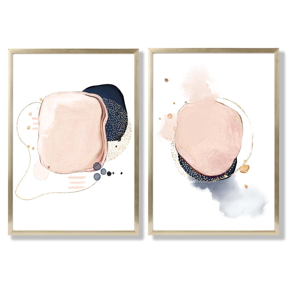 Pink and Blue Abstract Shapes Set of 2 Art Prints with Gold Frame