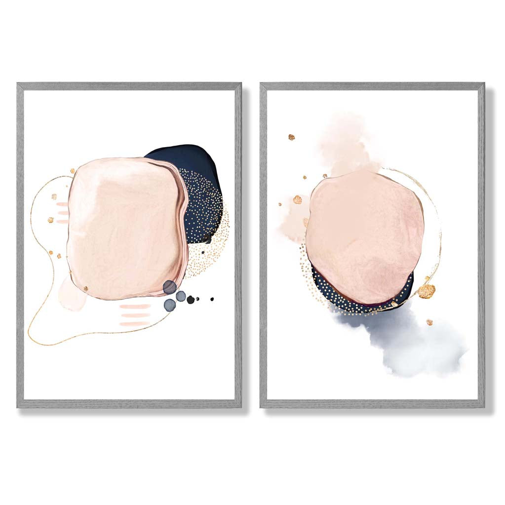 Pink and Blue Abstract Shapes Set of 2 Art Prints with Light Grey Frame