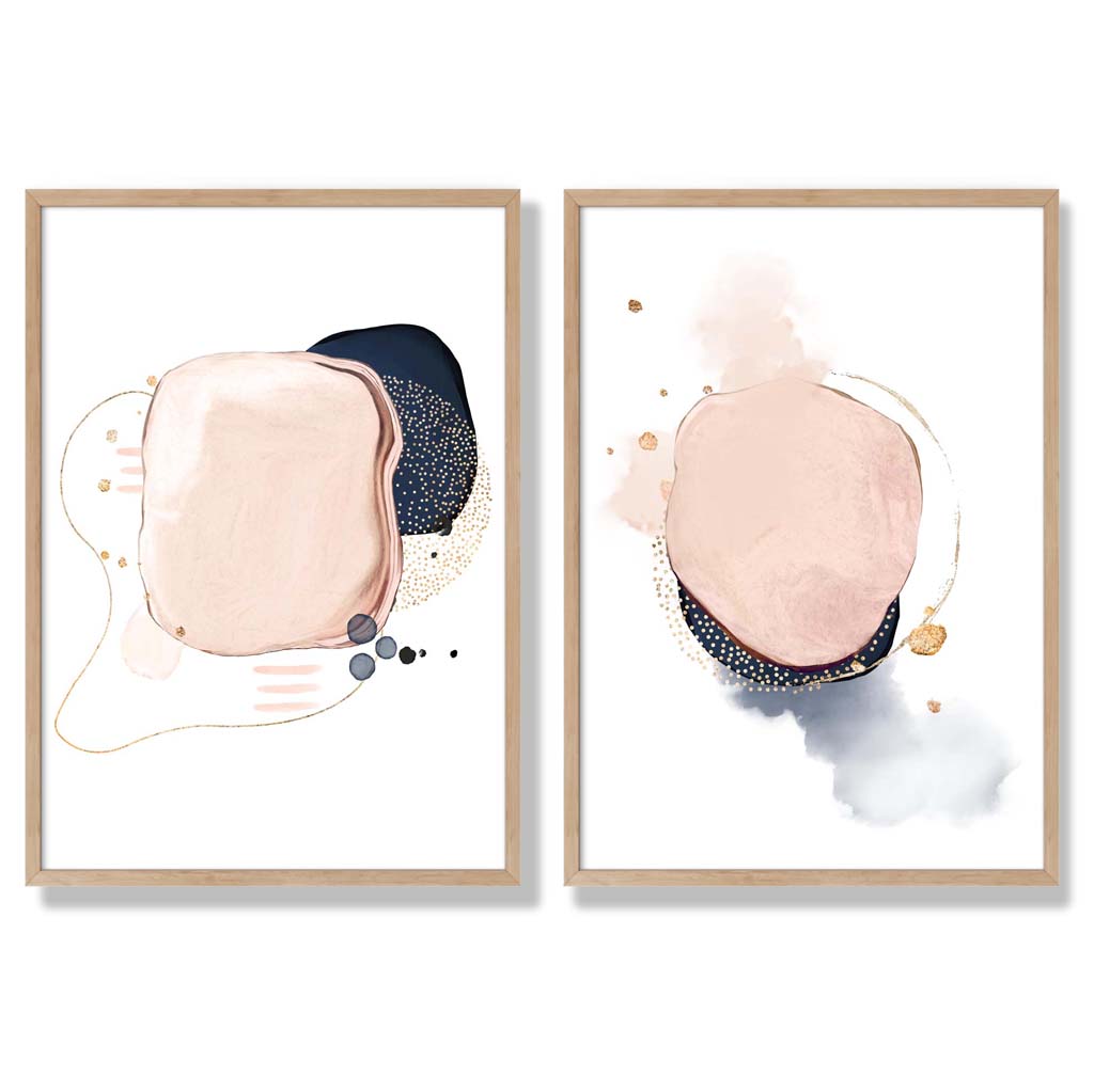 Pink and Blue Abstract Shapes Set of 2 Art Prints with Oak Frame