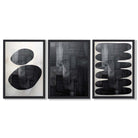 Set of 3 Abstract Black and Grey Zen Stones Framed Art Prints with Black Wooden Frames