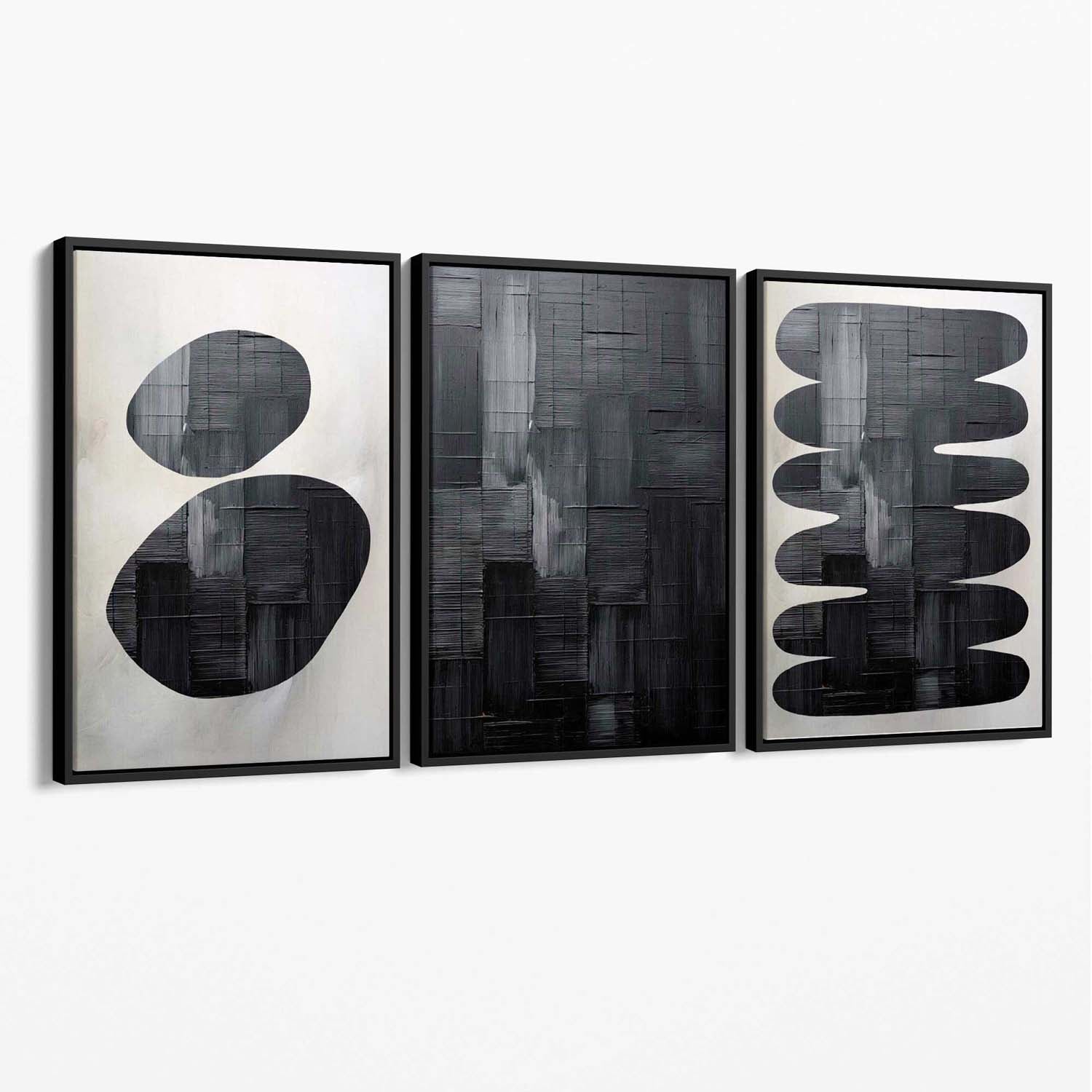 Set of 3 Abstract Black and Grey Zen Stones Canvas Art Prints with Black Float Frame