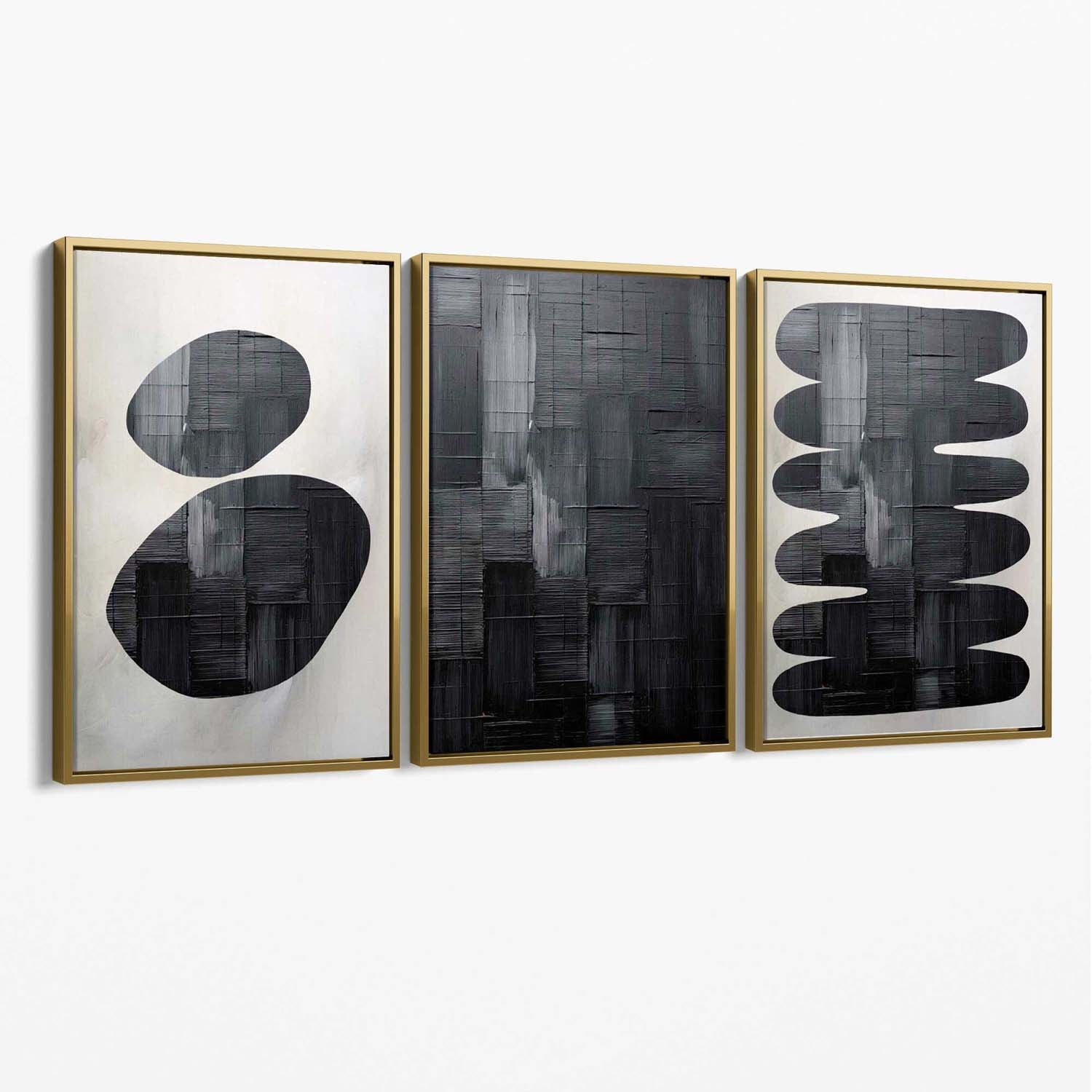 Set of 3 Abstract Black and Grey Zen Stones Canvas Art Prints with Gold Float Frame