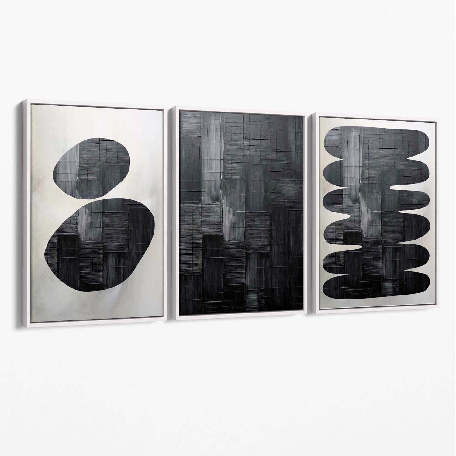 Set of 3 Abstract Black and Grey Zen Stones Canvas Art Prints with White Float Frame