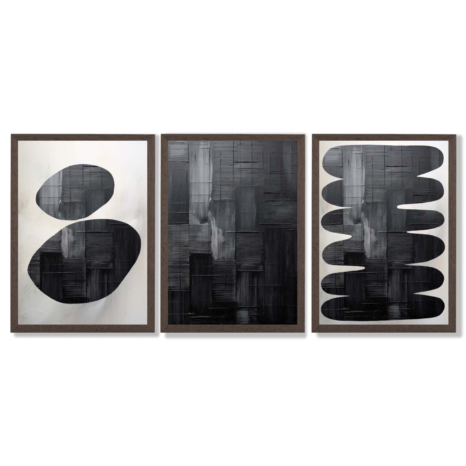 Set of 3 Abstract Black and Grey Zen Stones Framed Art Prints with Dark Wood Frames