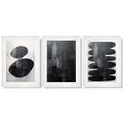 Set of 3 Abstract Black and Grey Zen Stones Framed Art Prints with Glossy White Frames