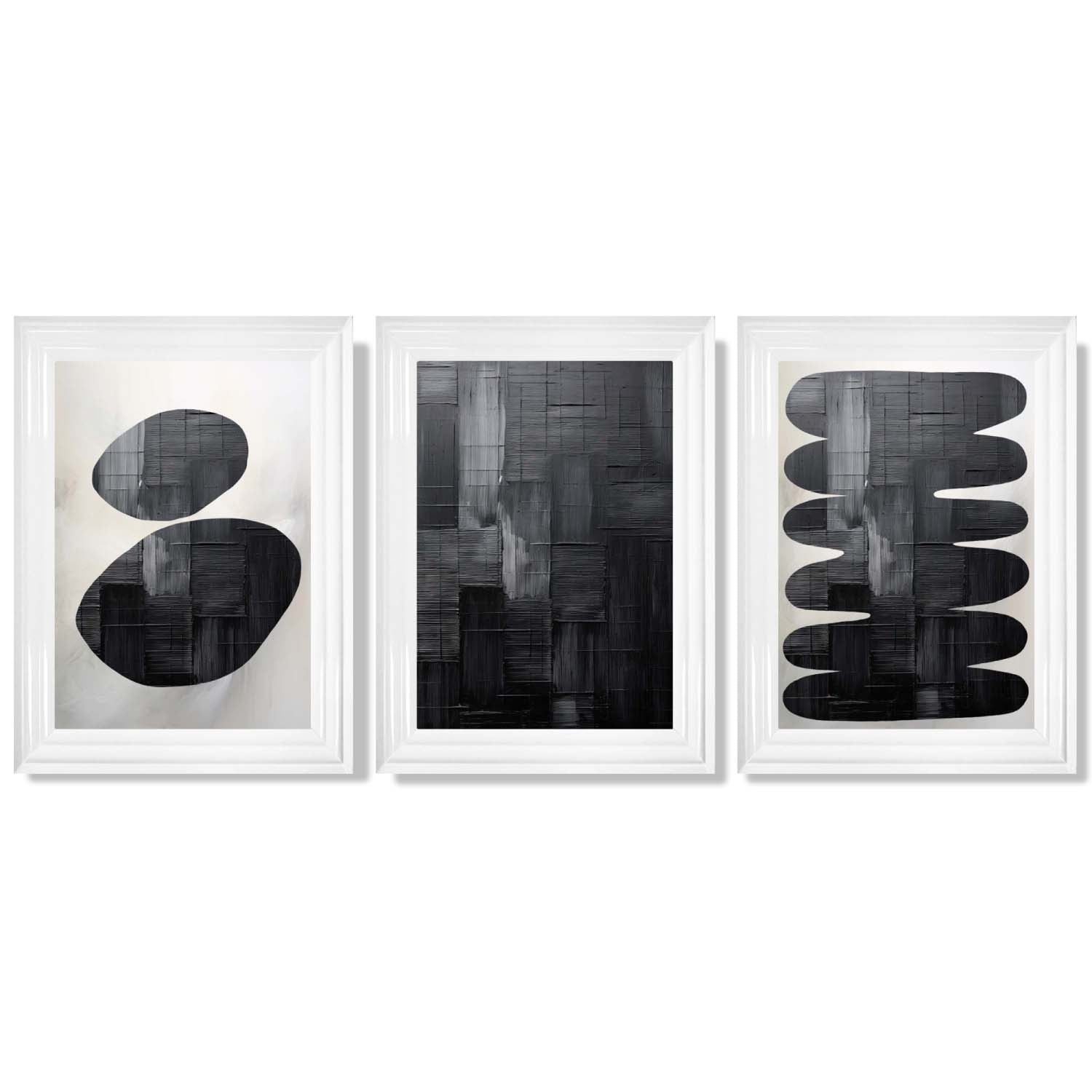 Set of 3 Abstract Black and Grey Zen Stones Framed Art Prints with Glossy White Frames