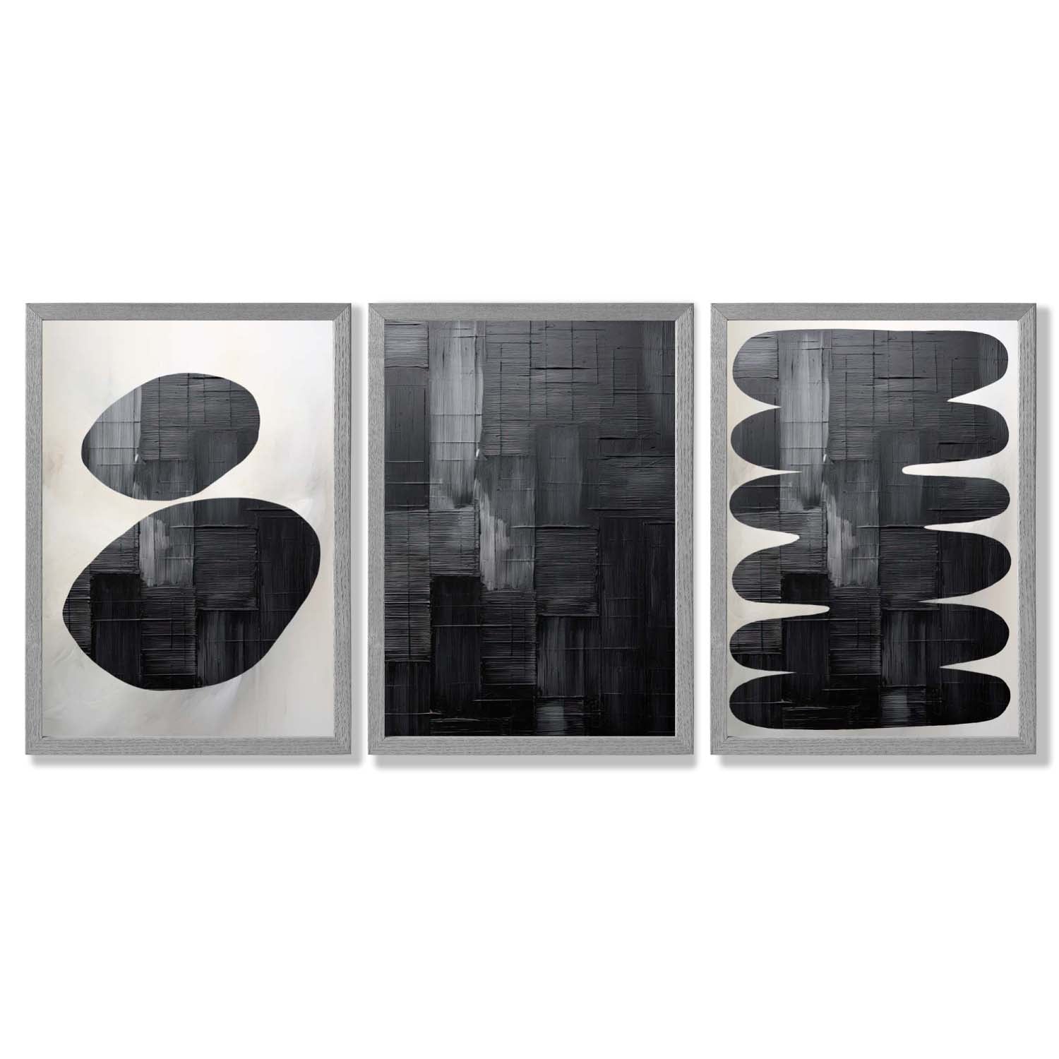 Set of 3 Abstract Black and Grey Zen Stones Framed Art Prints with Light Grey Wooden Frames