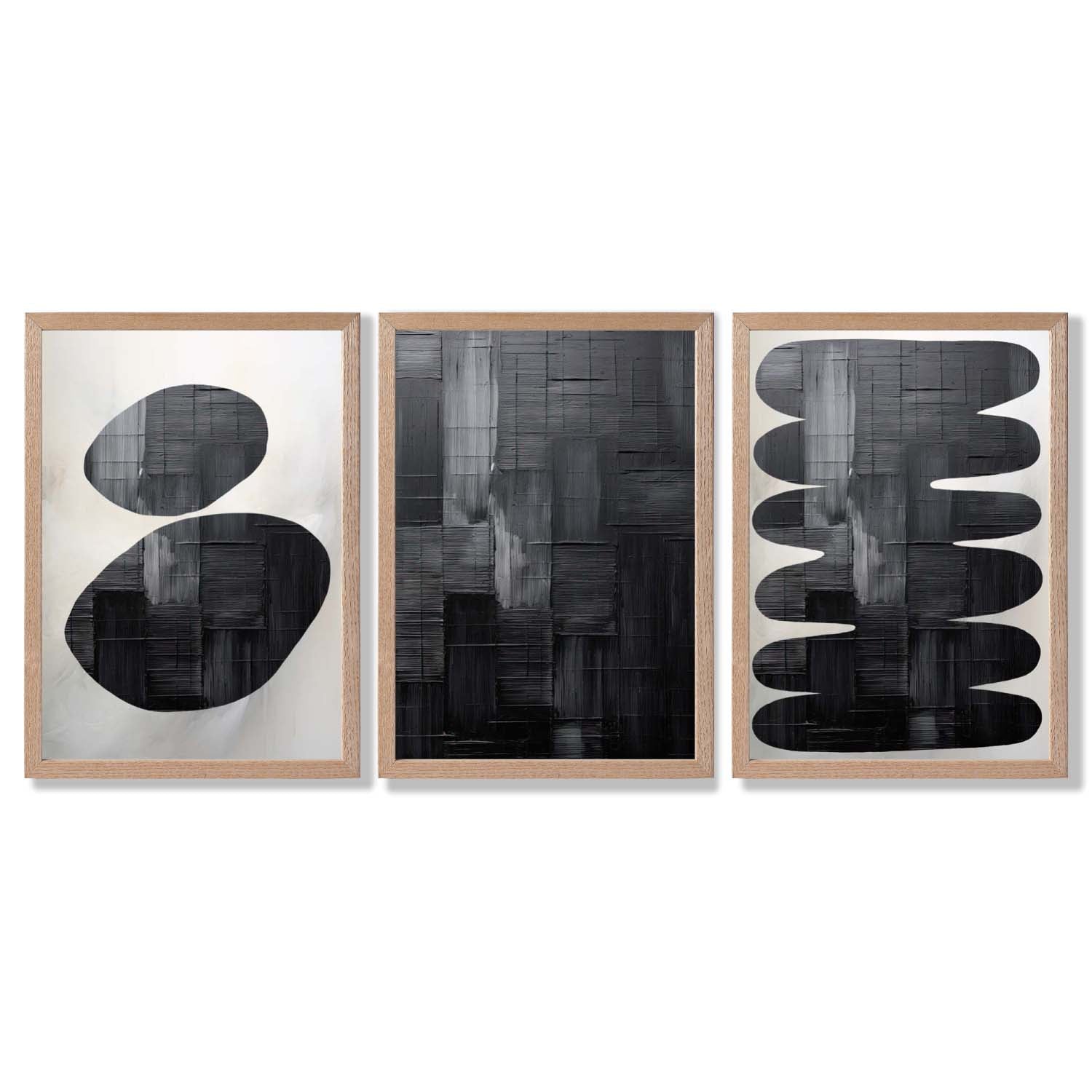 Set of 3 Abstract Black and Grey Zen Stones Framed Art Prints with Light Oak Frames