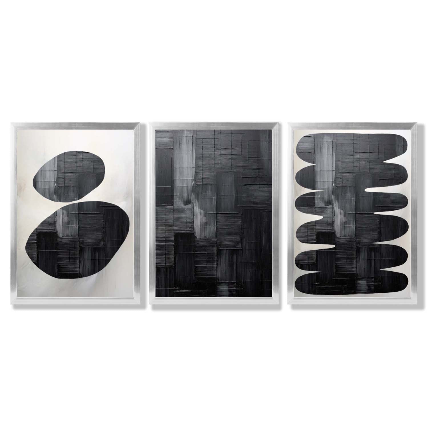 Set of 3 Abstract Black and Grey Zen Stones Framed Art Prints with Silver Wood Frames