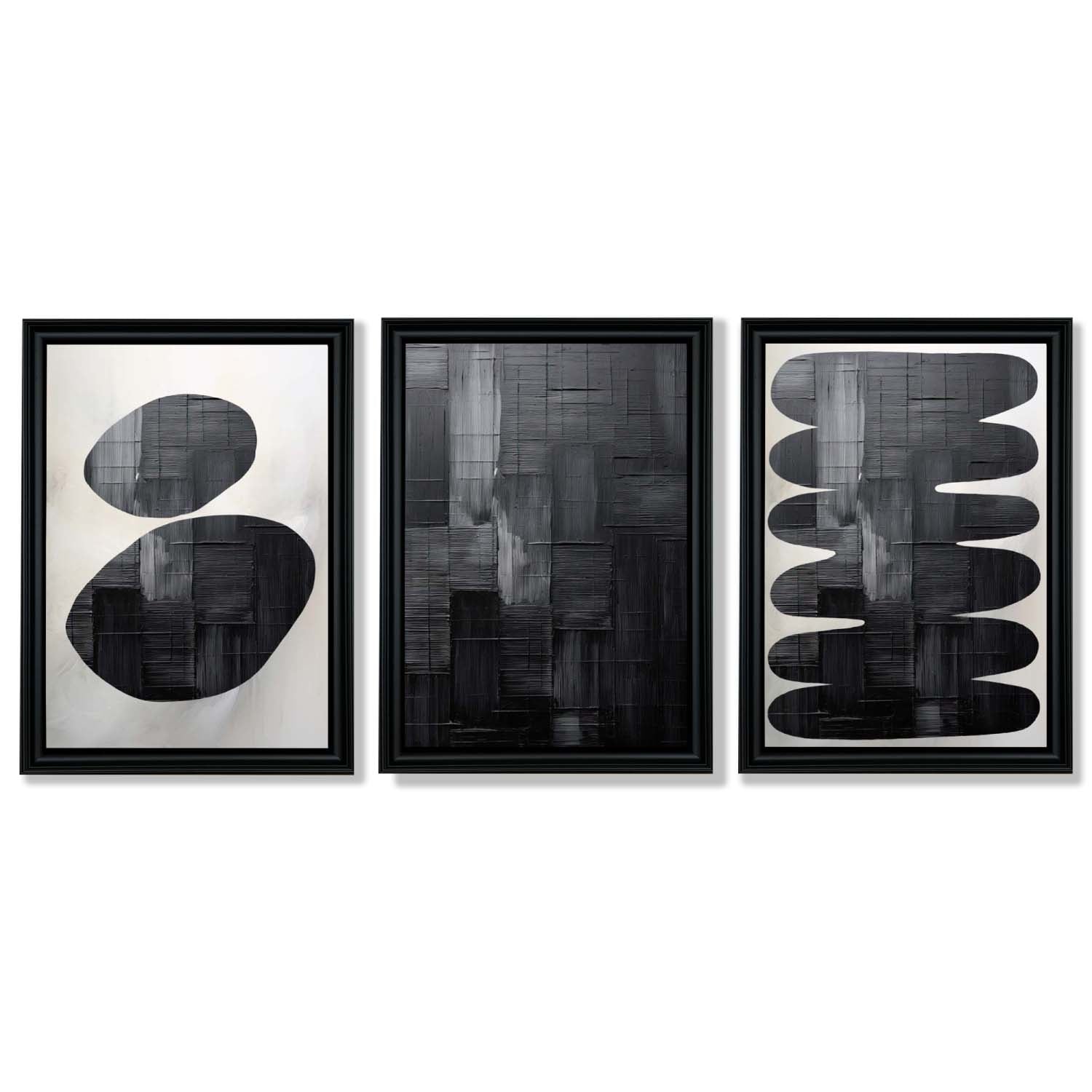 Set of 3 Abstract Black and Grey Zen Stones Framed Art Prints with Vermeer Black Frames