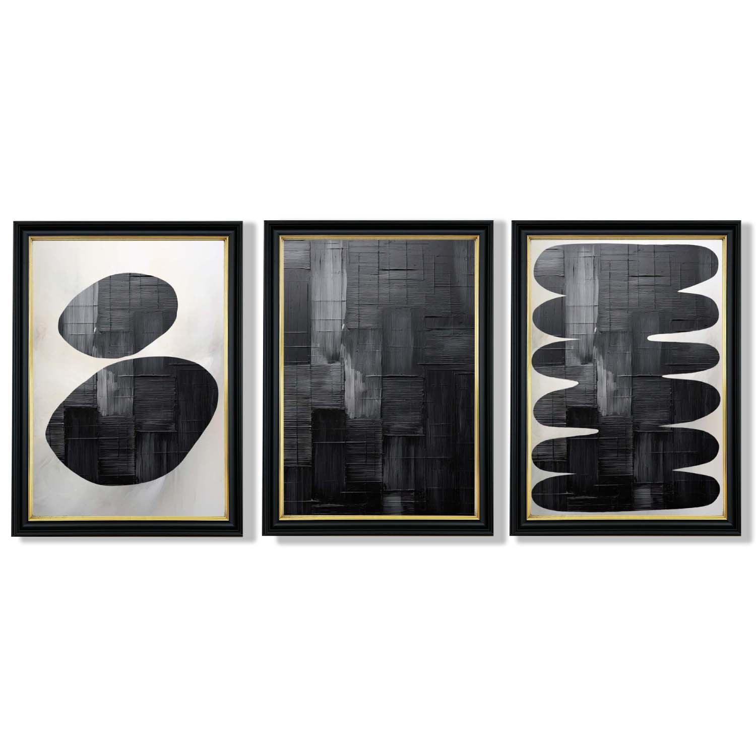 Set of 3 Abstract Black and Grey Zen Stones Framed Art Prints with Vermeer Black and Gold Frames