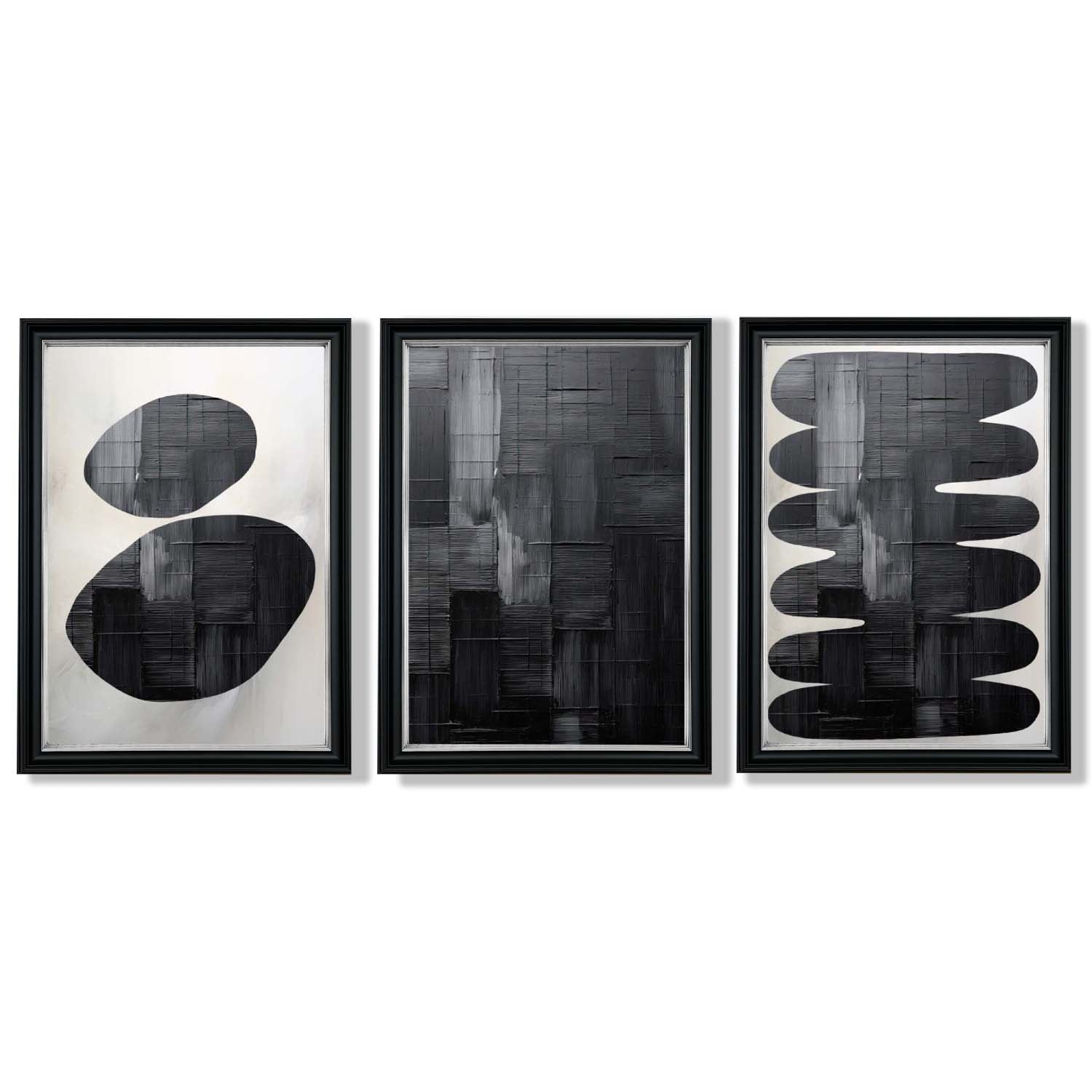 Set of 3 Abstract Black and Grey Zen Stones Framed Art Prints with Vermeer Black and Silver Frames