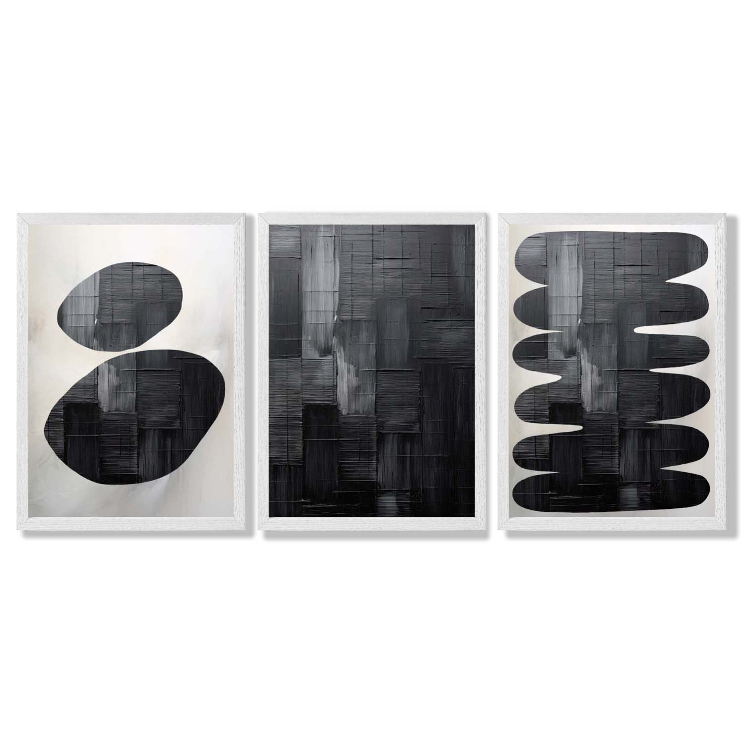 Set of 3 Abstract Black and Grey Zen Stones Framed Art Prints with White Wooden Frames