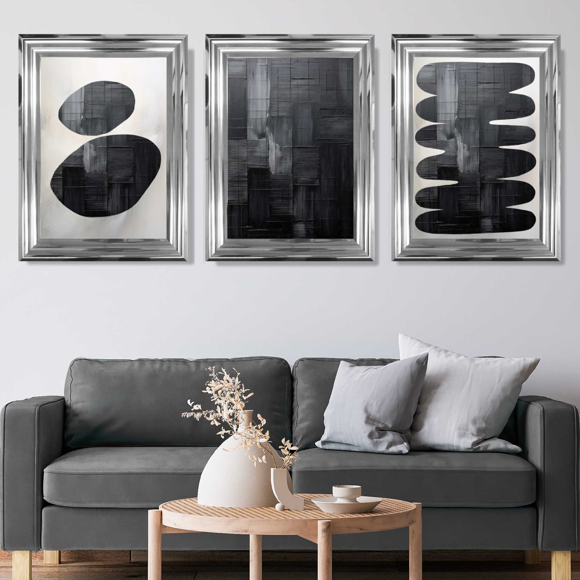 Set of 3 Abstract Black and Grey Zen Stones Art Prints in Luxury Frames | Artze UK