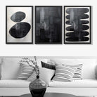 Set of 3 Abstract Black and Grey Zen Stones Art Prints in Black Frames | Artze UK