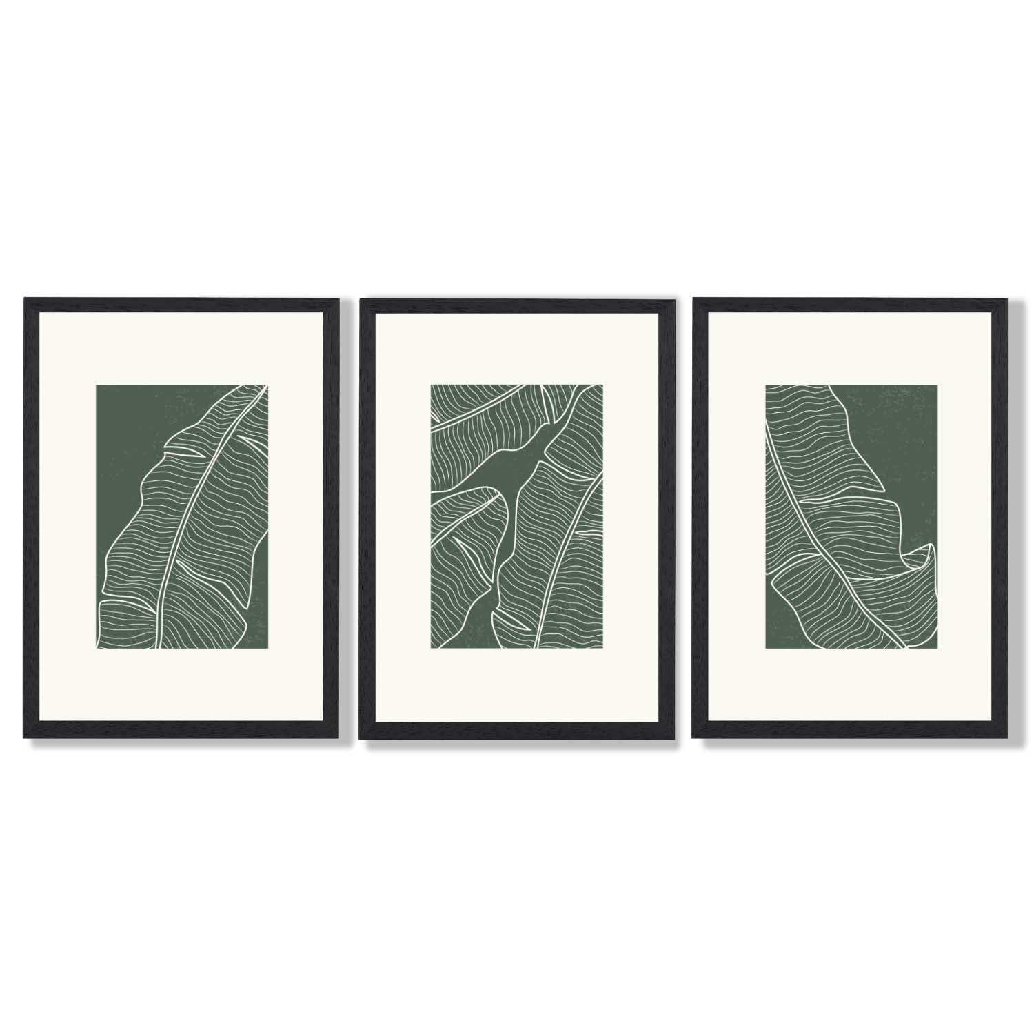 Set of 3 Minimal Green and Cream Botanical Leaves Framed Art Prints with Black Wooden Frames