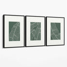 Set of 3 Minimal Green and Cream Botanical Leaves Canvas Art Prints with Black Float Frame