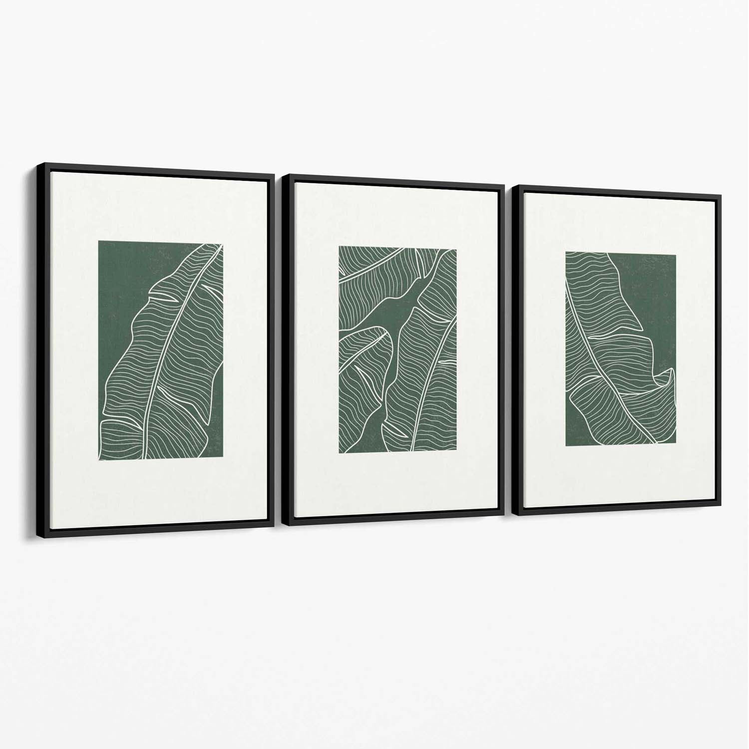 Set of 3 Minimal Green and Cream Botanical Leaves Canvas Art Prints with Black Float Frame