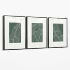 Set of 3 Minimal Green and Cream Botanical Leaves Canvas Art Prints with Grey Float Frame