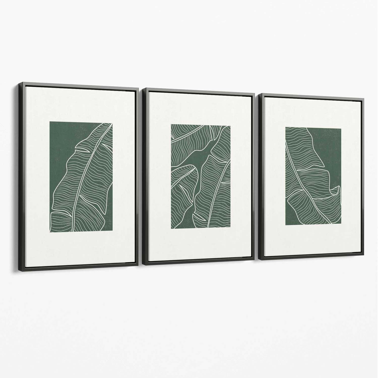 Set of 3 Minimal Green and Cream Botanical Leaves Canvas Art Prints with Grey Float Frame