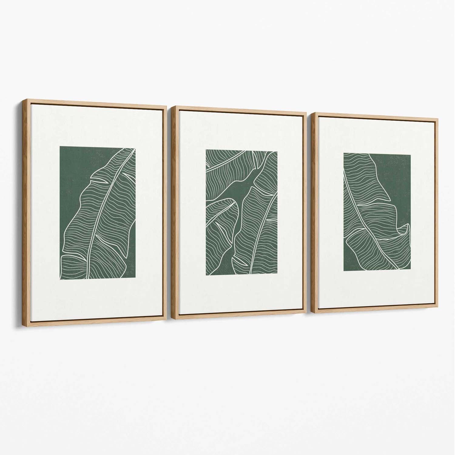 Set of 3 Minimal Green and Cream Botanical Leaves Canvas Art Prints with Oak Float Frame