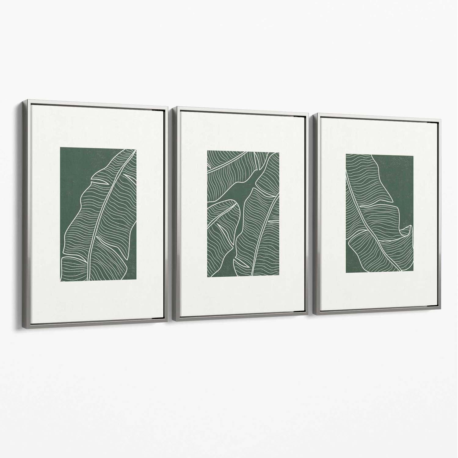 Set of 3 Minimal Green and Cream Botanical Leaves Canvas Art Prints with Silver Float Frame