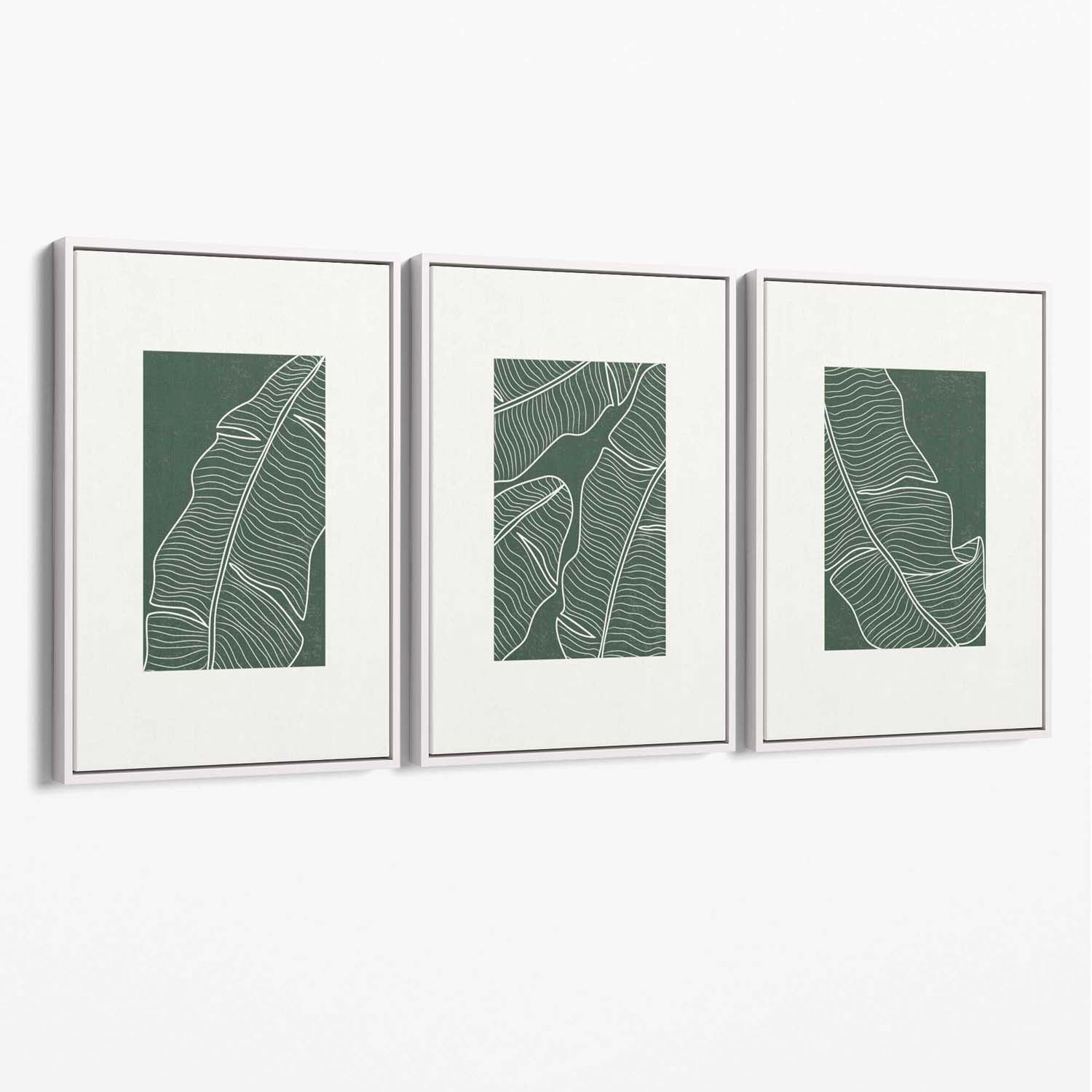 Set of 3 Minimal Green and Cream Botanical Leaves Canvas Art Prints with White Float Frame