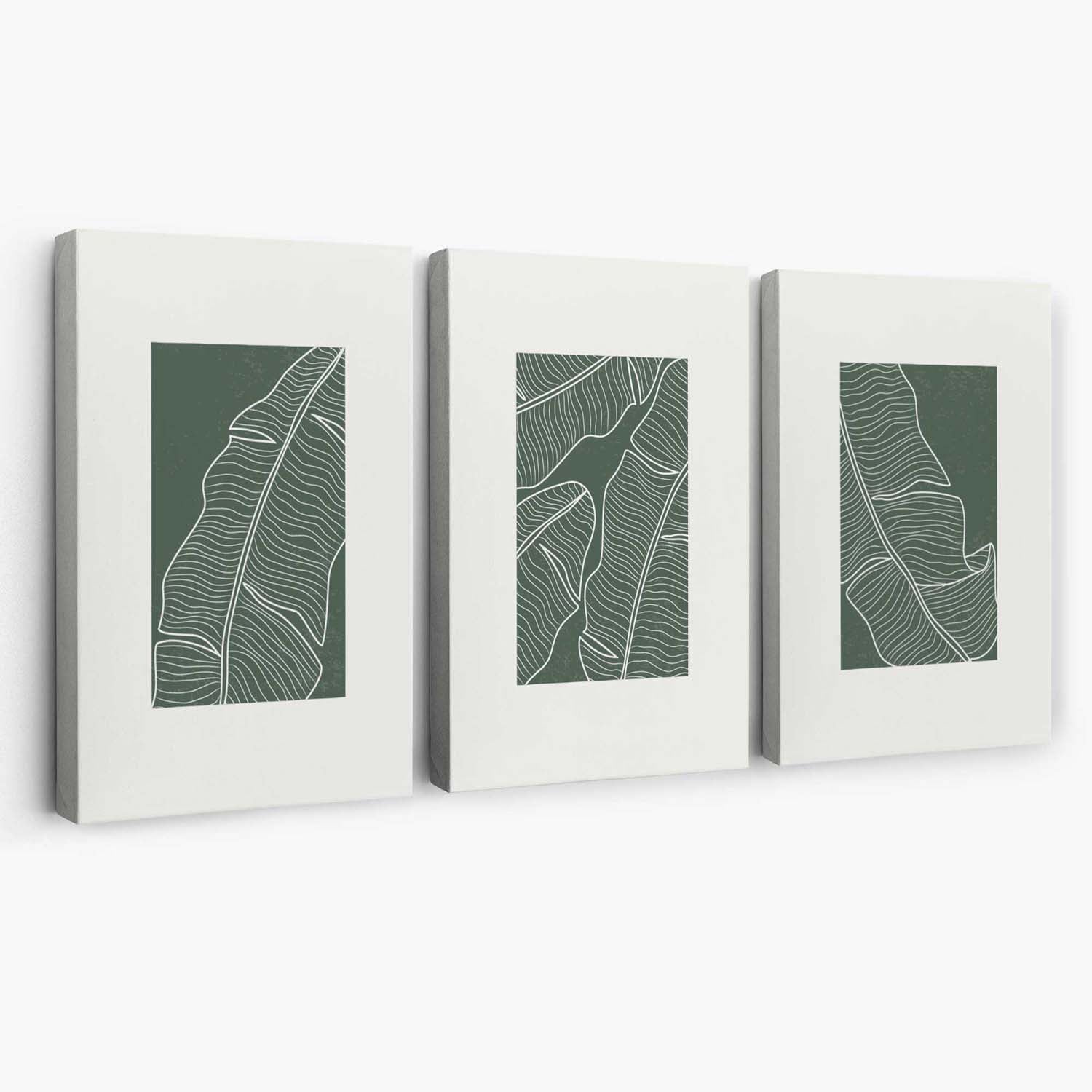 Set of 3 Minimal Green and Cream Botanical Leaves Canvas Art Prints | Artze Wall Art