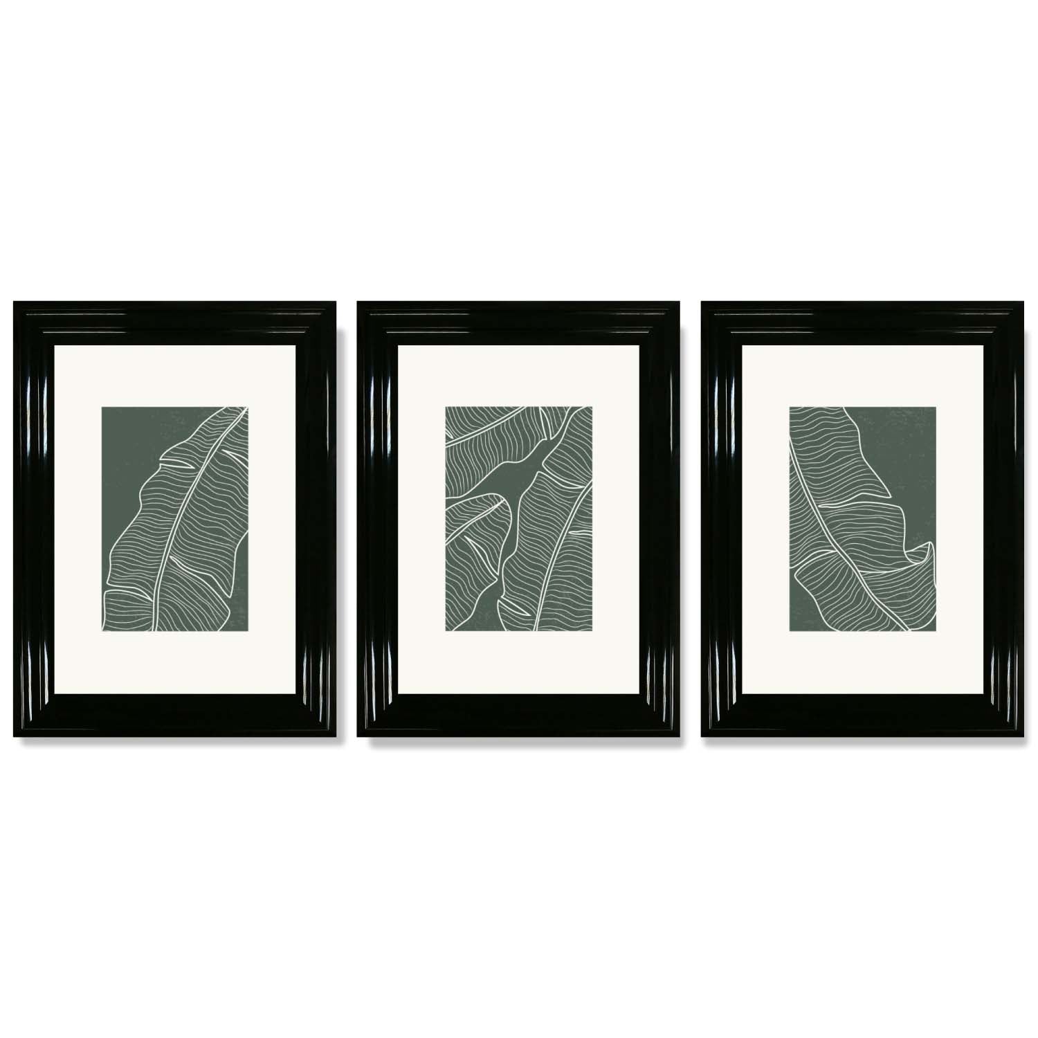 Set of 3 Minimal Green and Cream Botanical Leaves Framed Art Prints with Glossy Black Frames