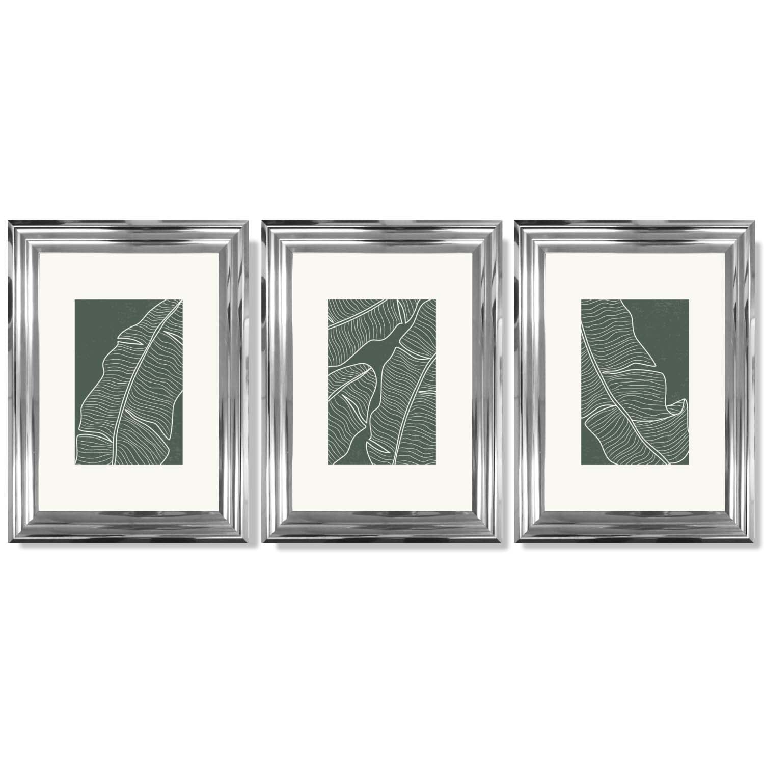 Set of 3 Minimal Green and Cream Botanical Leaves Framed Art Prints with Glossy Chrome Frames