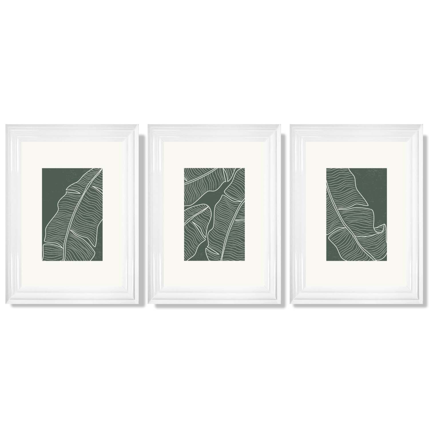 Set of 3 Minimal Green and Cream Botanical Leaves Framed Art Prints with Glossy White Frames