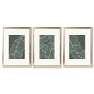 Set of 3 Minimal Green and Cream Botanical Leaves Framed Art Prints with Gold Wood Frames