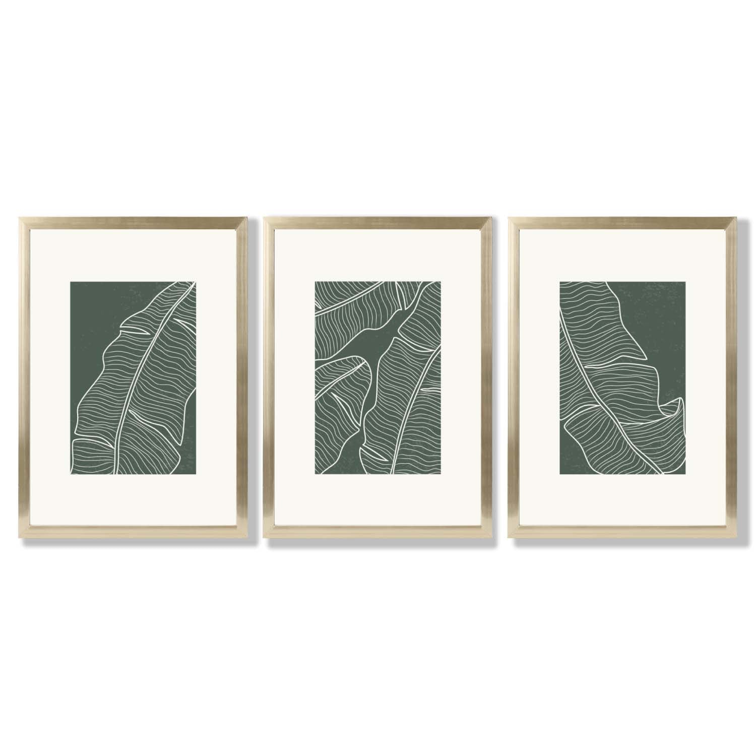 Set of 3 Minimal Green and Cream Botanical Leaves Framed Art Prints with Gold Wood Frames