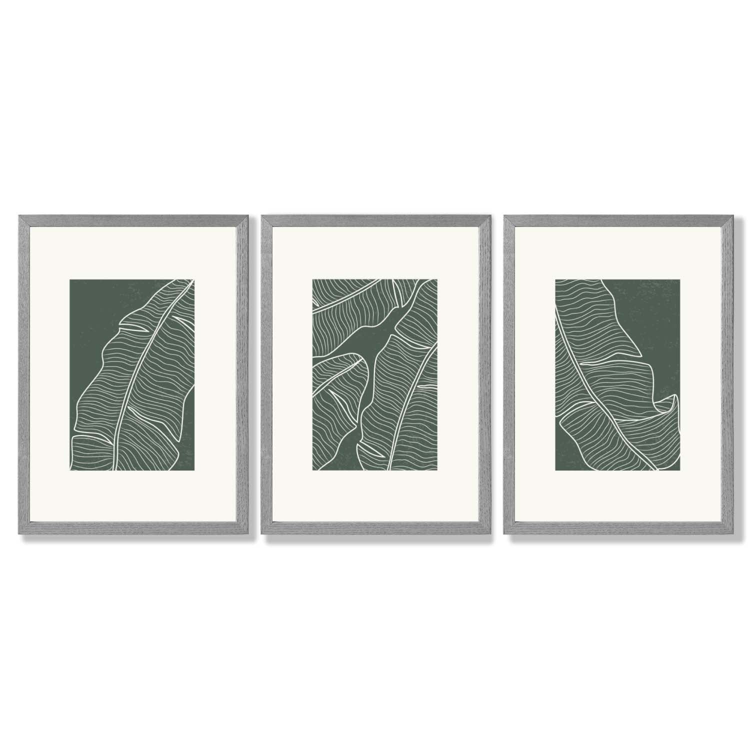 Set of 3 Minimal Green and Cream Botanical Leaves Framed Art Prints with Light Grey Wooden Frames