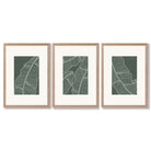 Set of 3 Minimal Green and Cream Botanical Leaves Framed Art Prints with Light Oak Frames