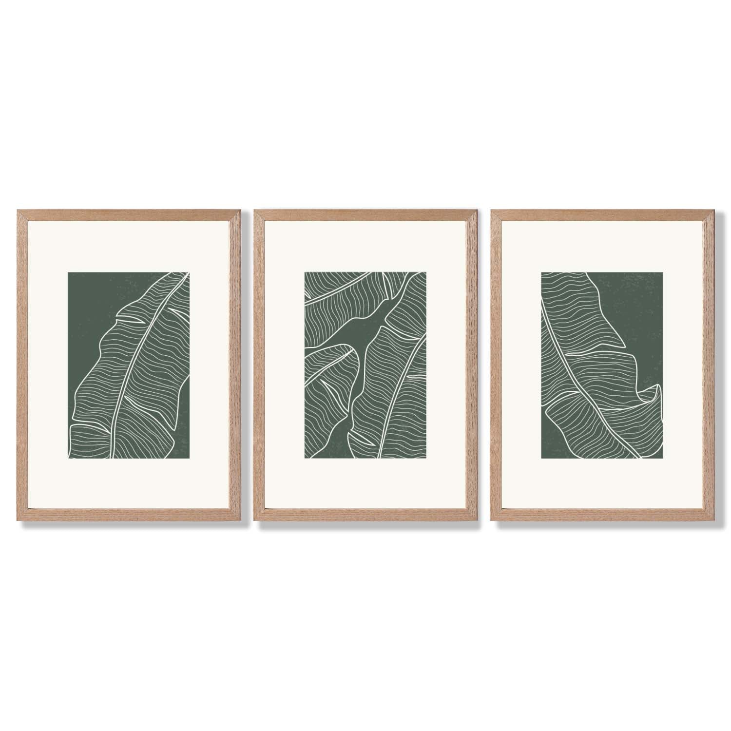 Set of 3 Minimal Green and Cream Botanical Leaves Framed Art Prints with Light Oak Frames