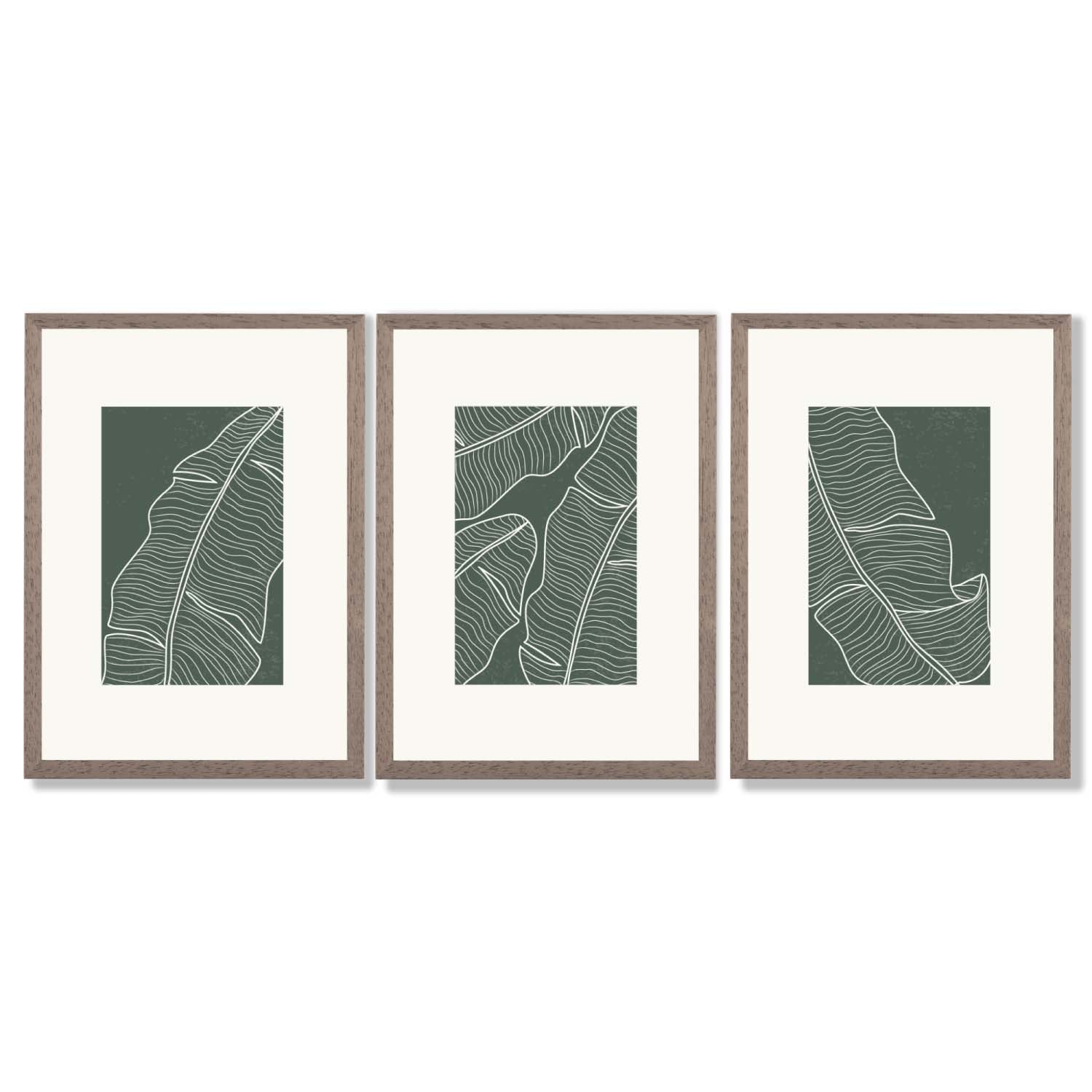 Set of 3 Minimal Green and Cream Botanical Leaves Framed Art Prints with Light Walnut Frames