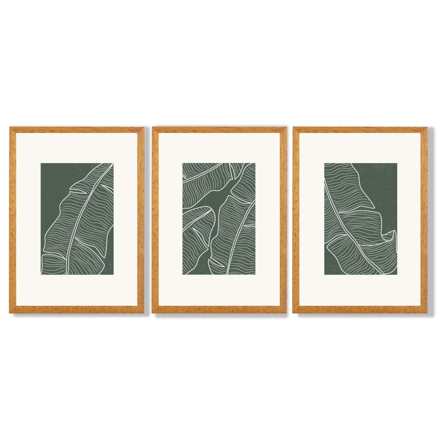 Set of 3 Minimal Green and Cream Botanical Leaves Framed Art Prints with Oak Wooden Frames