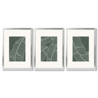 Set of 3 Minimal Green and Cream Botanical Leaves Framed Art Prints with Silver Wood Frames