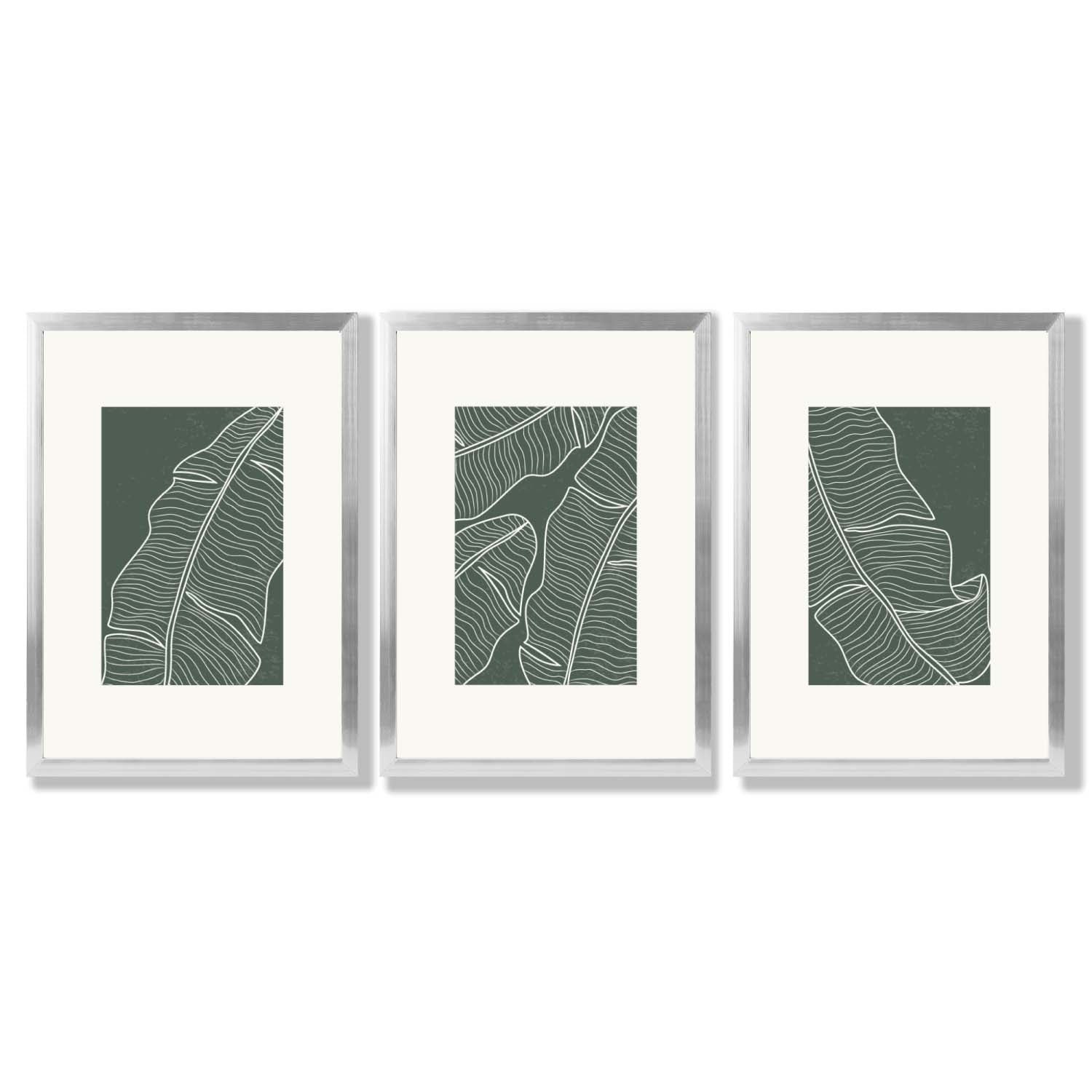 Set of 3 Minimal Green and Cream Botanical Leaves Framed Art Prints with Silver Wood Frames