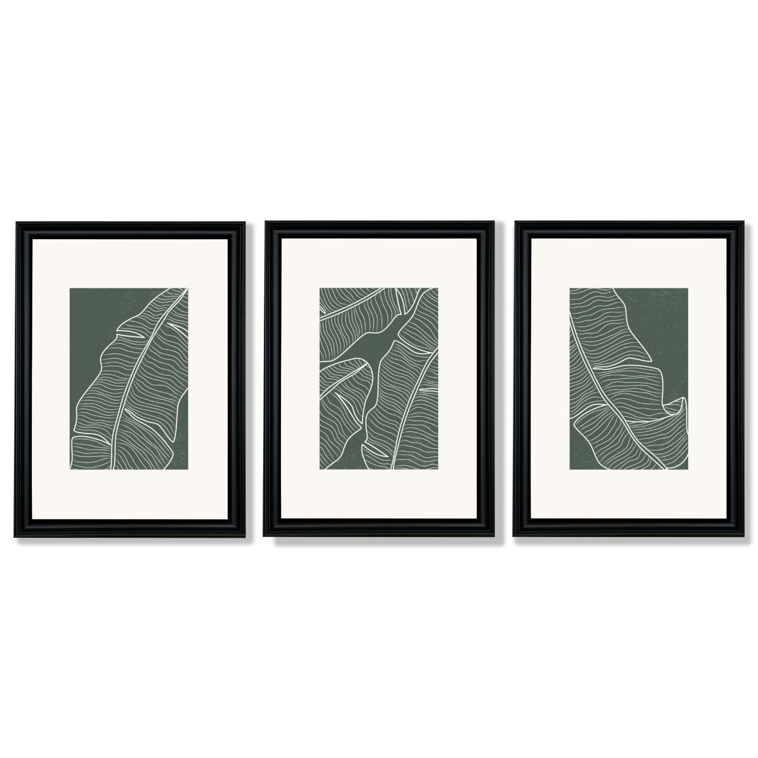 Set of 3 Minimal Green and Cream Botanical Leaves Framed Art Prints with Vermeer Black Frames