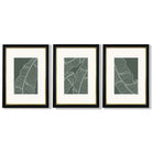 Set of 3 Minimal Green and Cream Botanical Leaves Framed Art Prints with Vermeer Black and Gold Frames