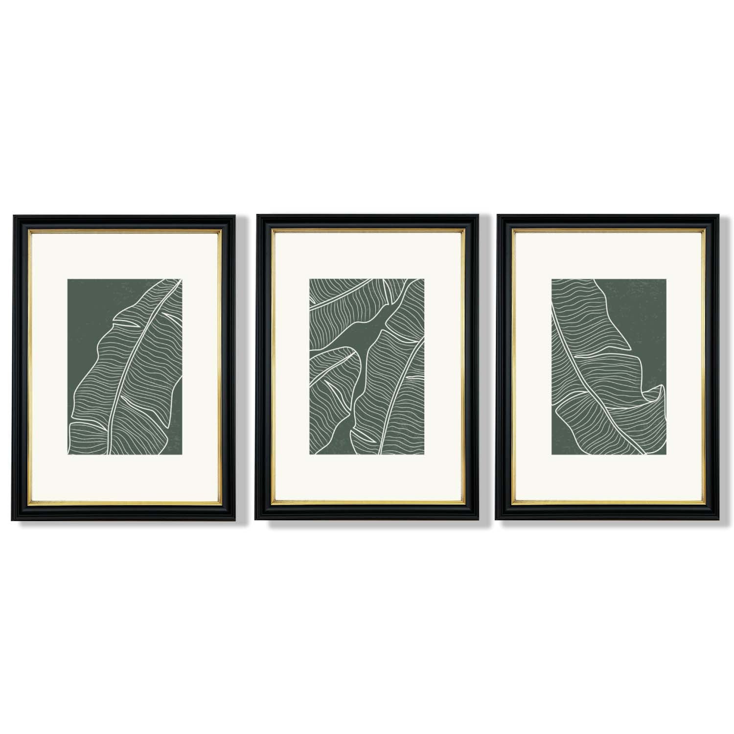 Set of 3 Minimal Green and Cream Botanical Leaves Framed Art Prints with Vermeer Black and Gold Frames