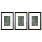 Set of 3 Minimal Green and Cream Botanical Leaves Framed Art Prints with Vermeer Black and Silver Frames