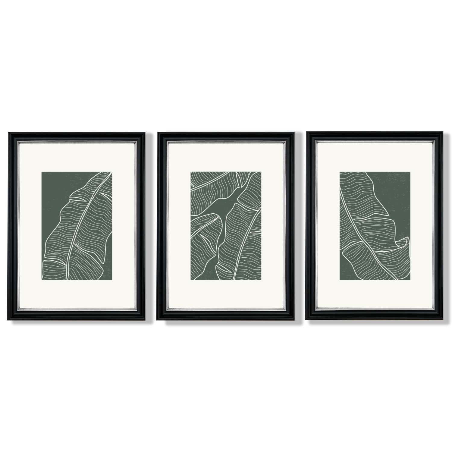 Set of 3 Minimal Green and Cream Botanical Leaves Framed Art Prints with Vermeer Black and Silver Frames