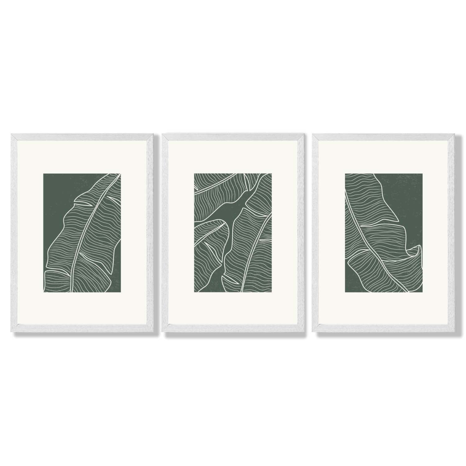 Set of 3 Minimal Green and Cream Botanical Leaves Framed Art Prints with White Wooden Frames